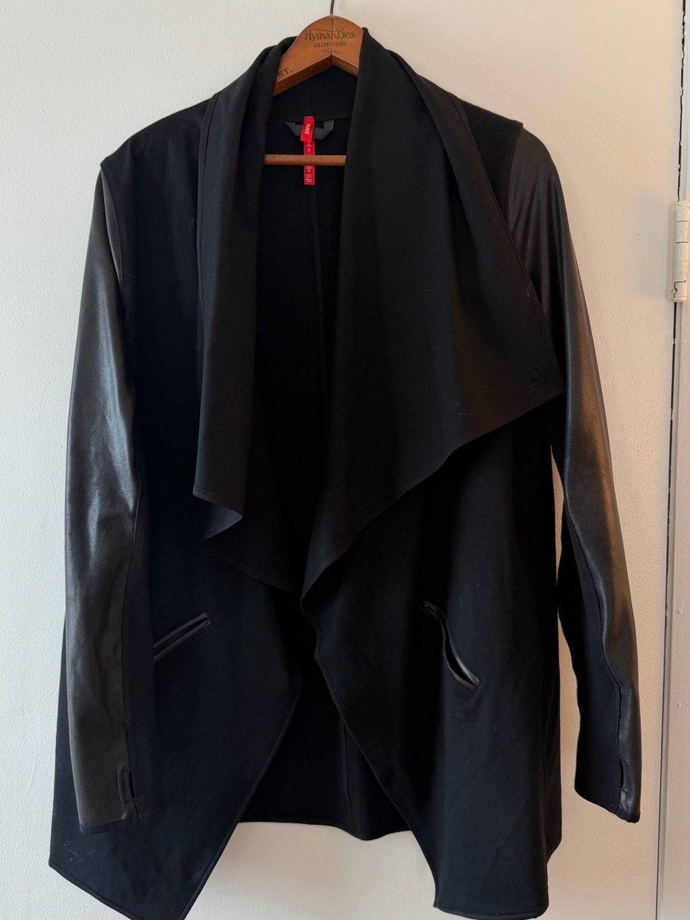 Spanx Black Draped Leather-Sleeve Coat - Women